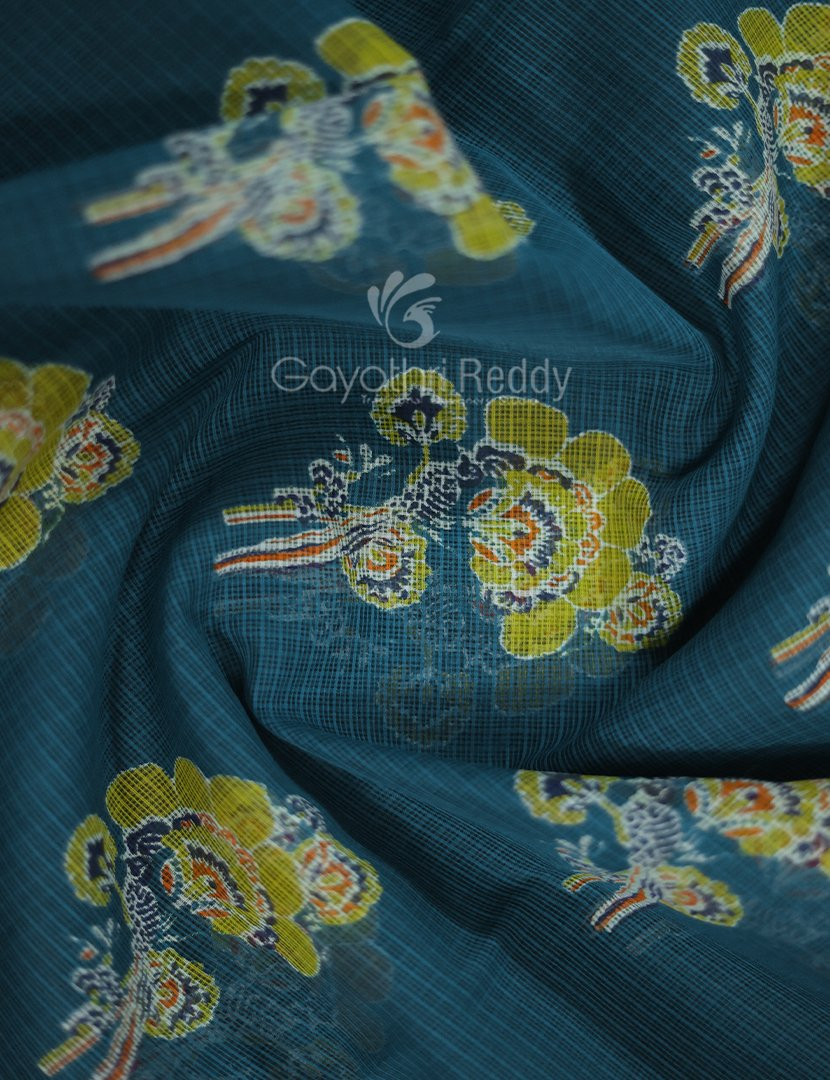 Shades of Peacock Blue With Block Design Pure Kota Cotton Saree By Gayathri Reddy Designer Studio