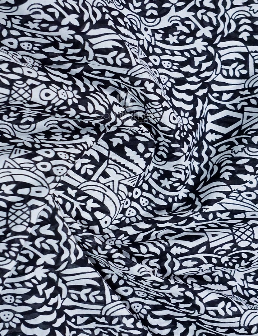White And Black Combo Block Print Pure Mulmul Cotton Saree By Gayathri Reddy Designer Studio
