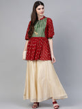 Ahalyaa Maroon & Green Printed A-Line Kediya Tunic