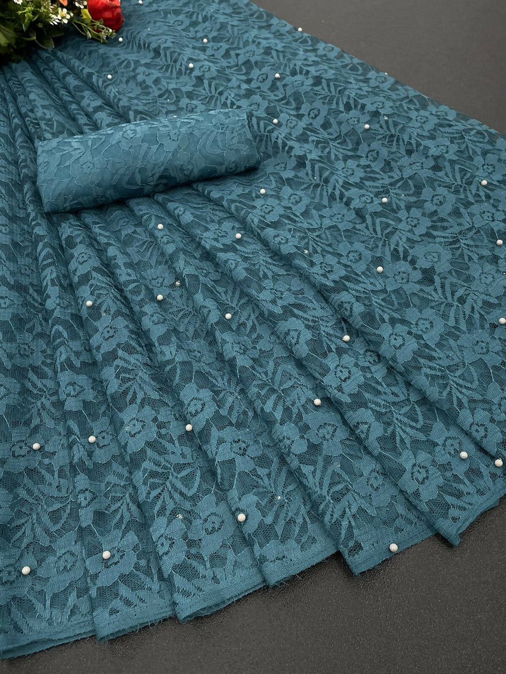 Vamika Rama Green Pearls Net Saree