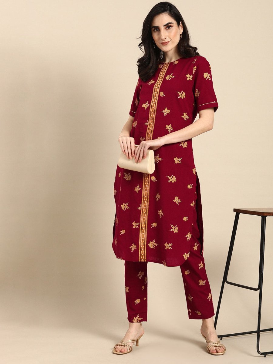 All About You Women Maroon & Mustard Yellow Floral Printed Pure Cotton Kurta with Trousers