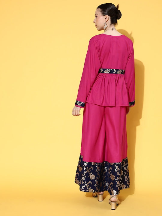 InWeave Women's Fuchsia Blue Brocade Mughal Shaan Kurta Palazzo Set