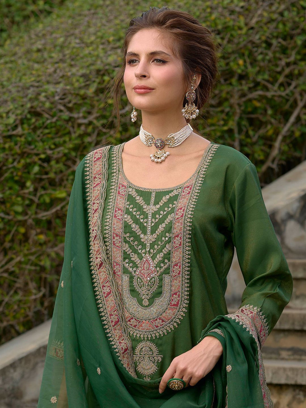 Indo Era Ethnic Motifs Yoke Design Straight Kurta with Trousers & Dupatta