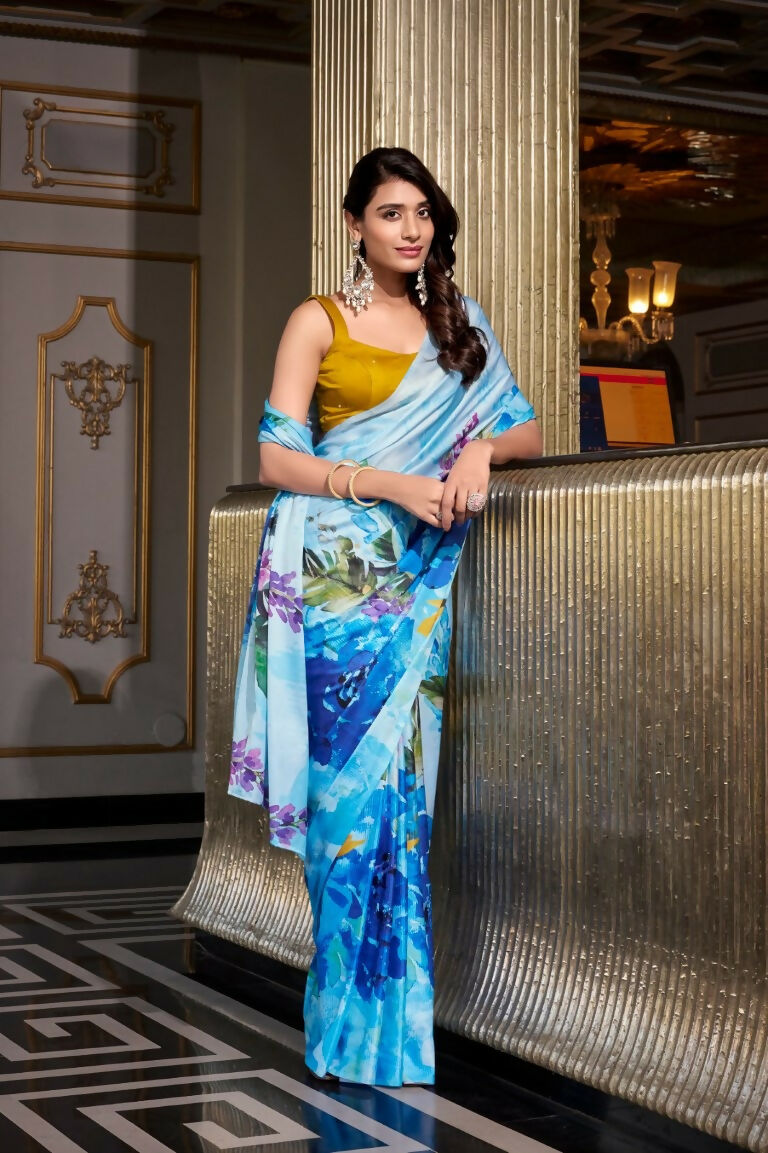 Vastranavya Sea Blue Satin Silk Printed Saree with Hotfix Work Unstitched Blouse