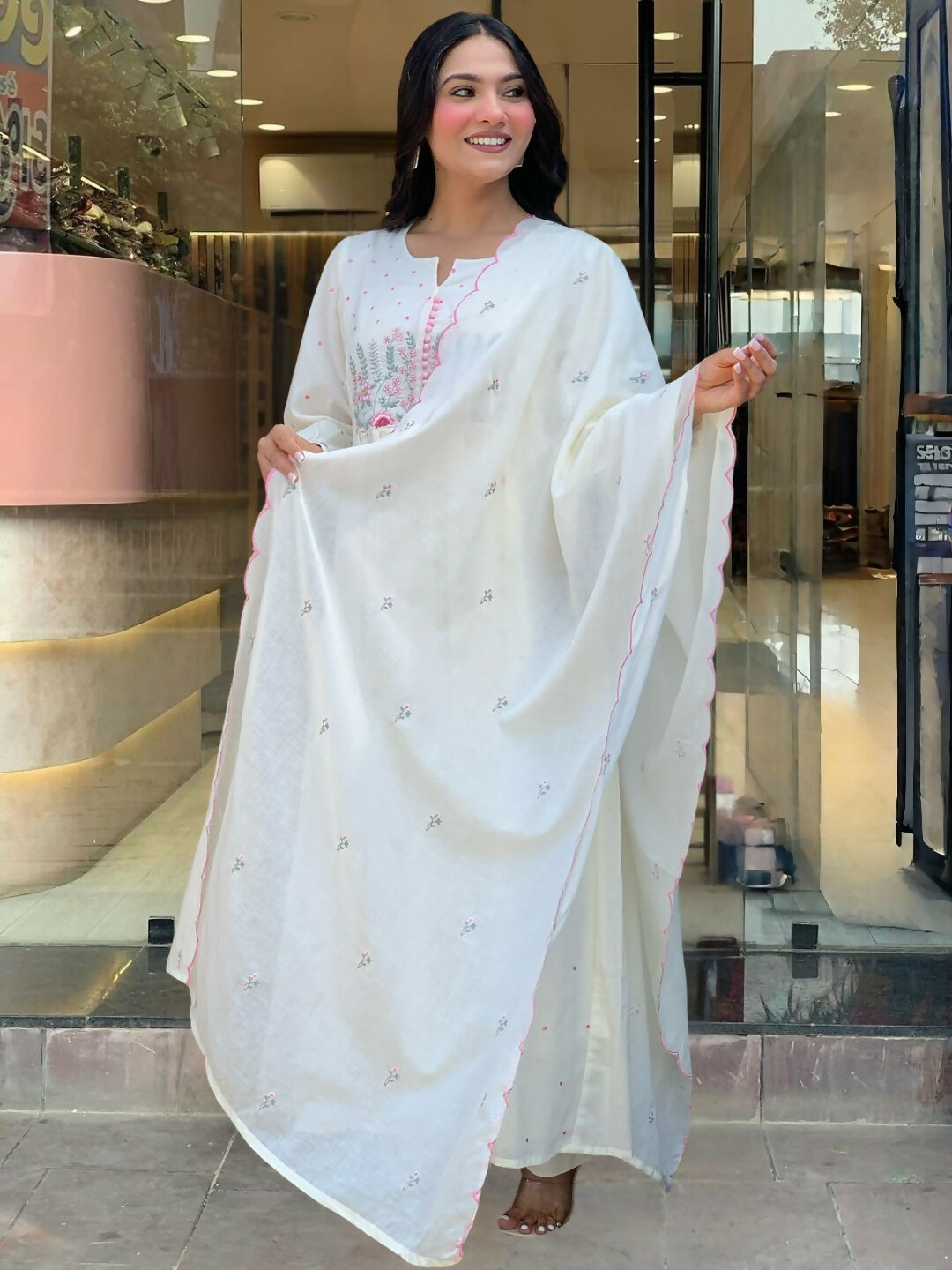 The52 White Women's Beautiful Cotton Fabric Thread Work Straight Kurta Pant and Dupatta Set
