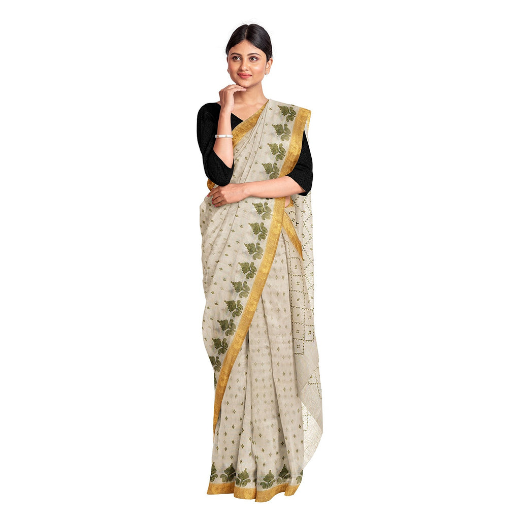 Exclusive Collection 100% Pure Cotton Off White Pesta Saree With Printed Work