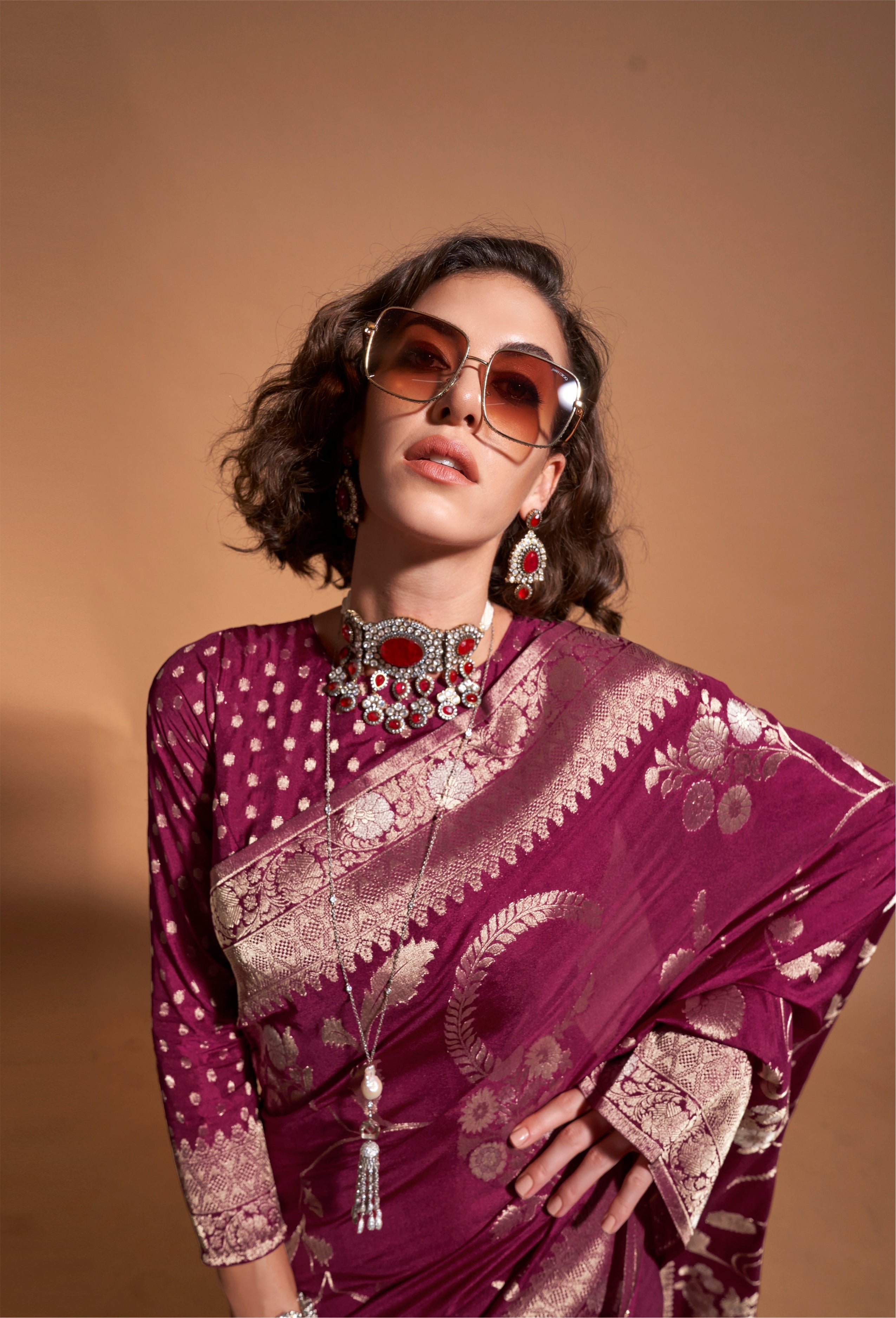 Monjolika Fashion Wine Silk Weaving Designer Traditional Saree