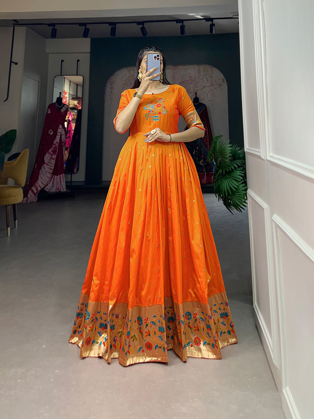 Lorenvalley Orange Jacquard Silk Paithani Woven Design Gown