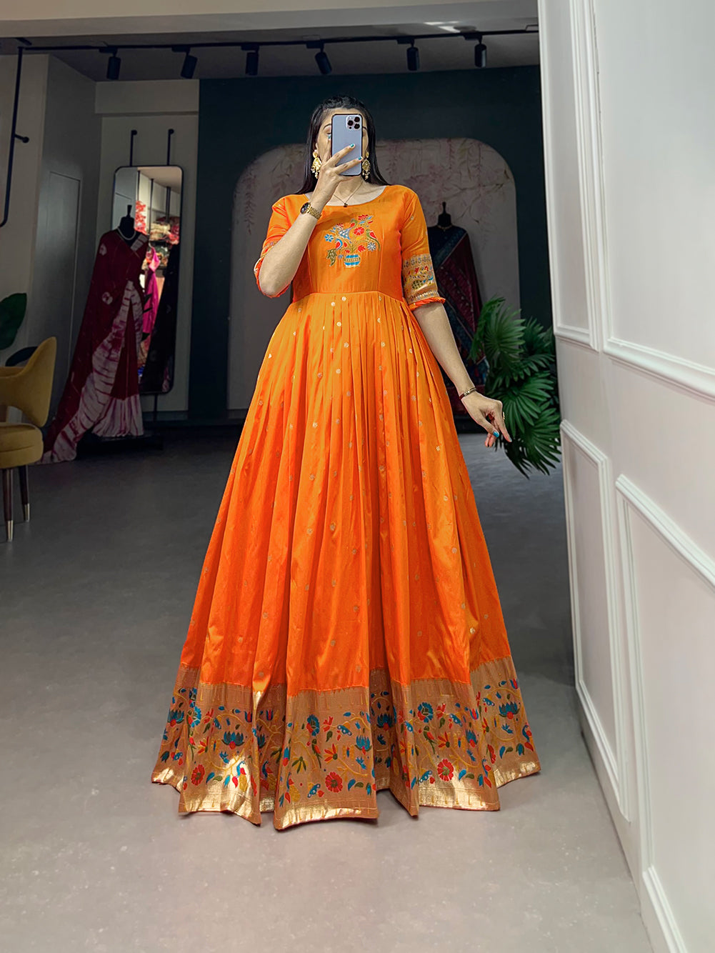 Lorenvalley Orange Jacquard Silk Paithani Woven Design Gown