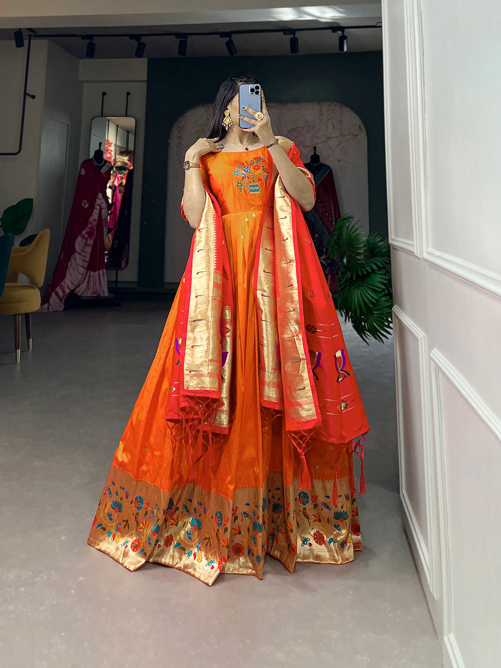 Lorenvalley Orange Jacquard Silk Paithani Woven Design Gown with Dupatta
