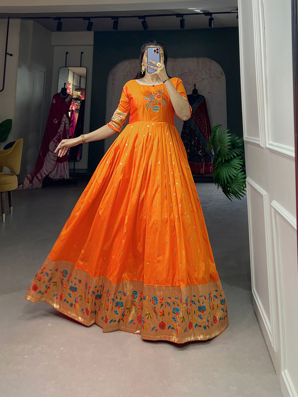 Lorenvalley Orange Jacquard Silk Paithani Woven Design Gown