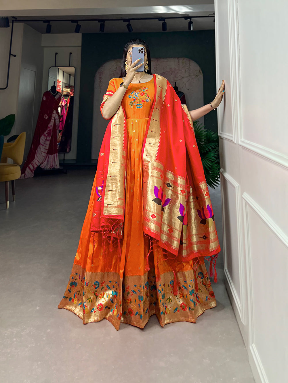 Lorenvalley Orange Jacquard Silk Paithani Woven Design Gown with Dupatta