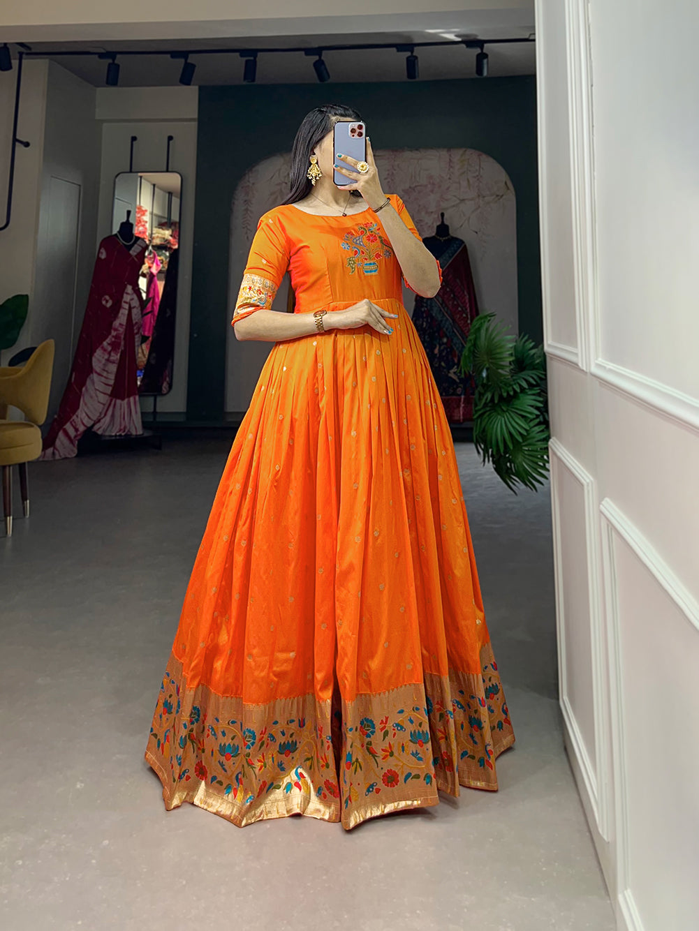 Lorenvalley Orange Jacquard Silk Paithani Woven Design Gown