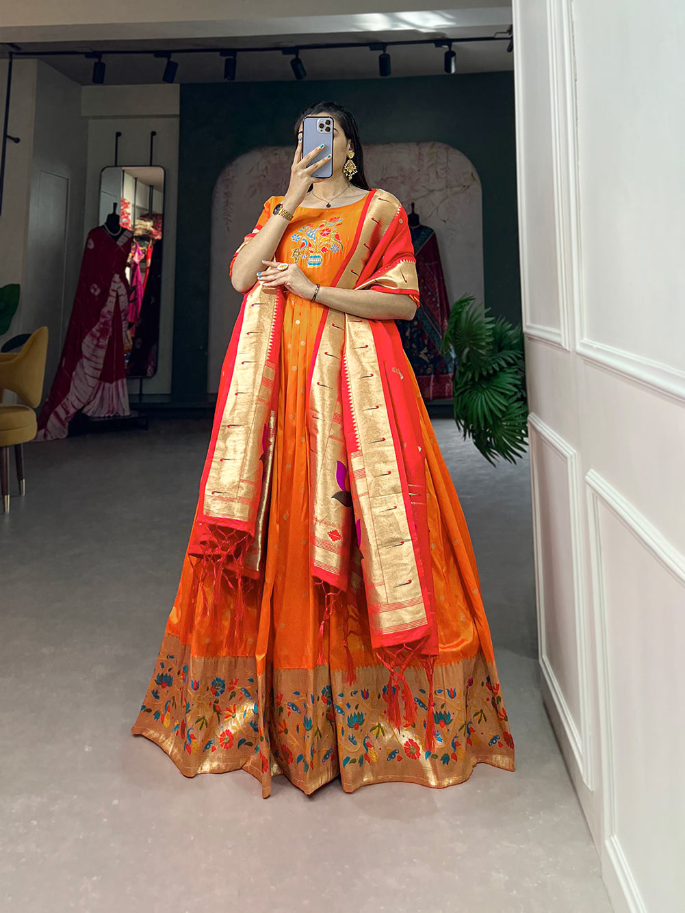 Lorenvalley Orange Jacquard Silk Paithani Woven Design Gown with Dupatta