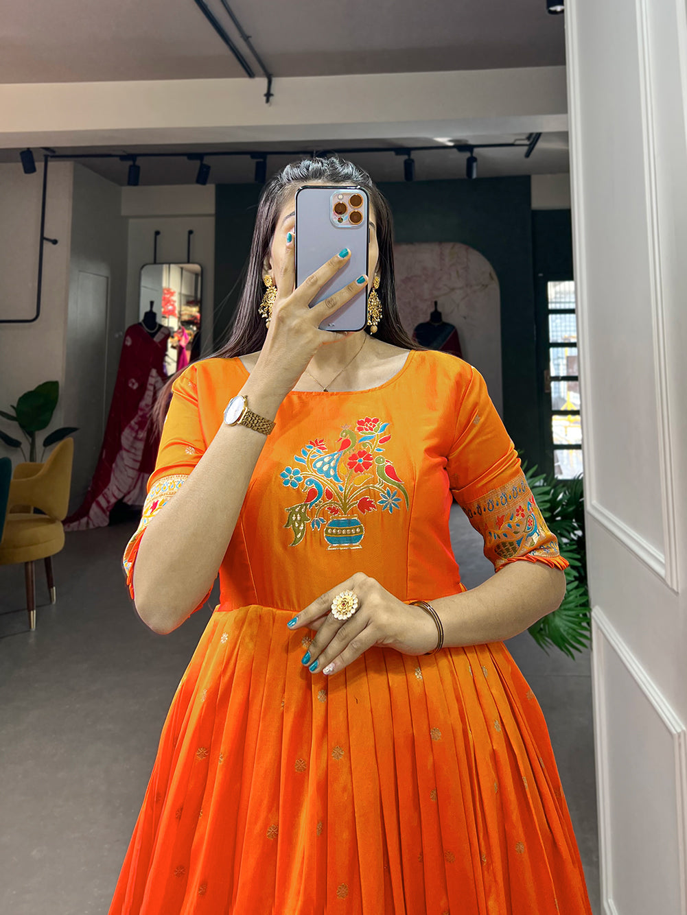 Lorenvalley Orange Jacquard Silk Paithani Woven Design Gown