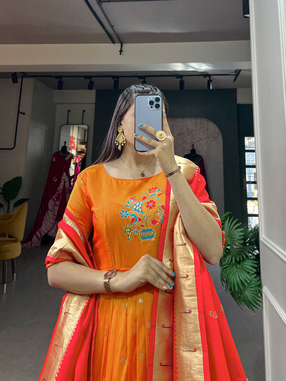 Lorenvalley Orange Jacquard Silk Paithani Woven Design Gown with Dupatta