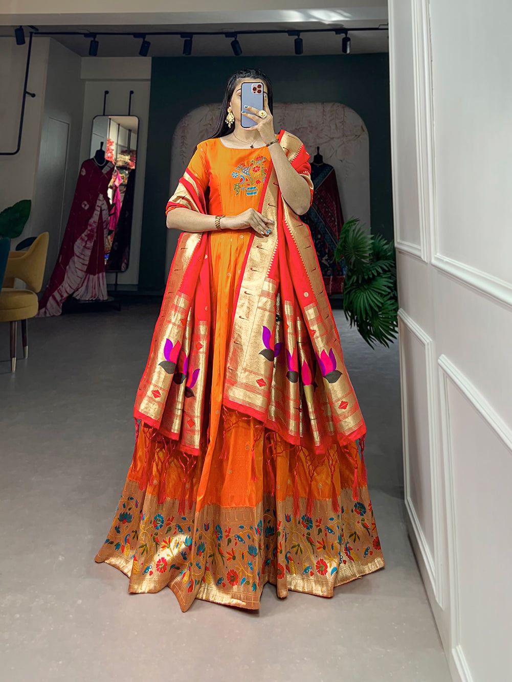 Lorenvalley Orange Jacquard Silk Paithani Woven Design Gown with Dupatta