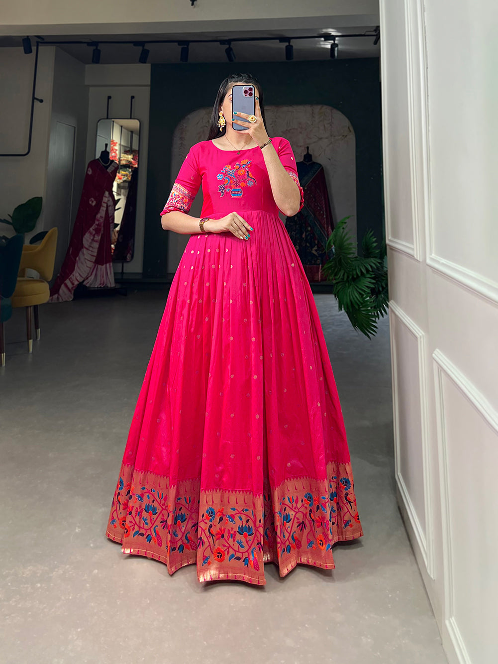 Lorenvalley Pink Jacquard Silk Paithani Woven Design Gown