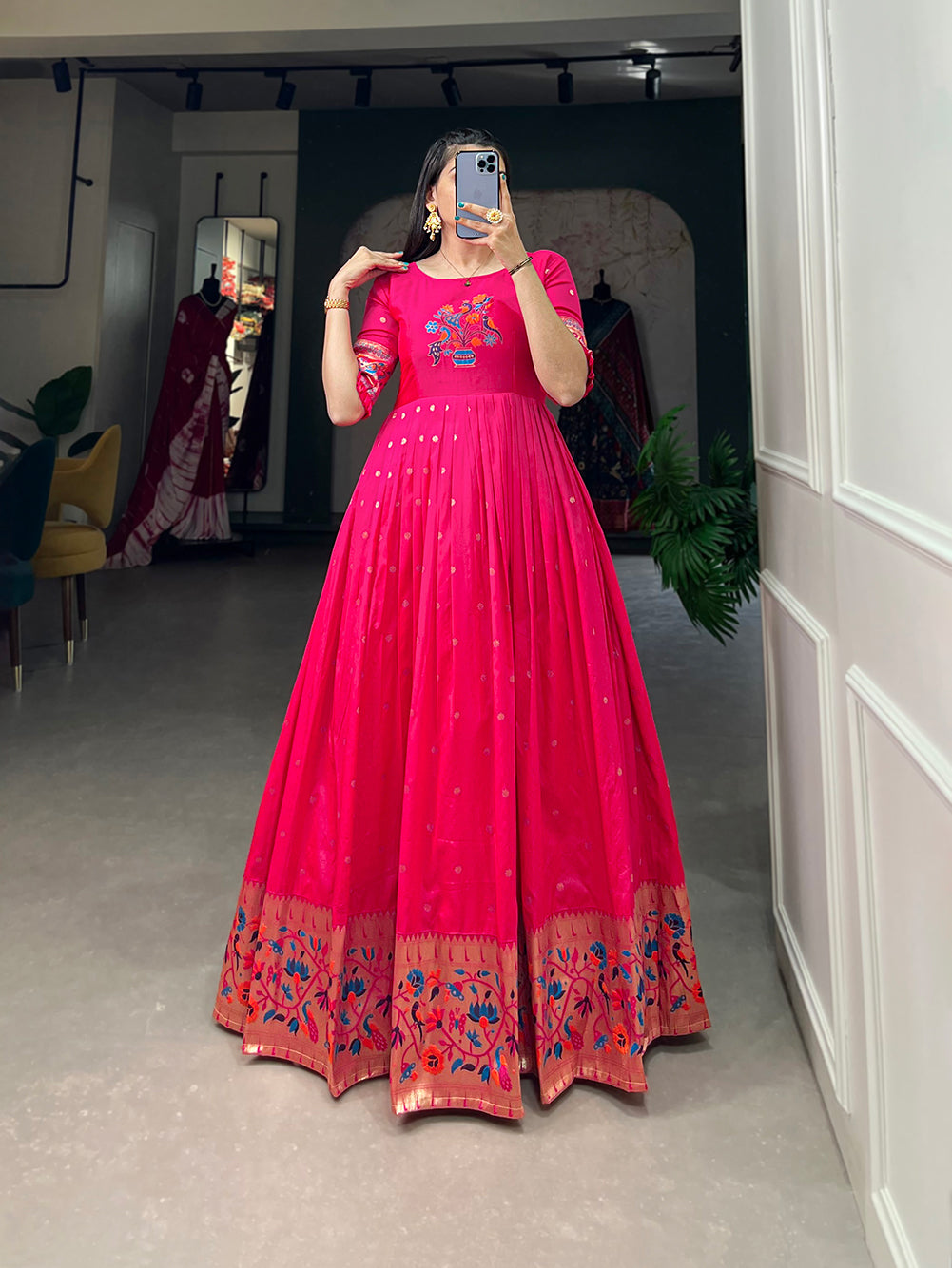 Lorenvalley Pink Jacquard Silk Paithani Woven Design Gown