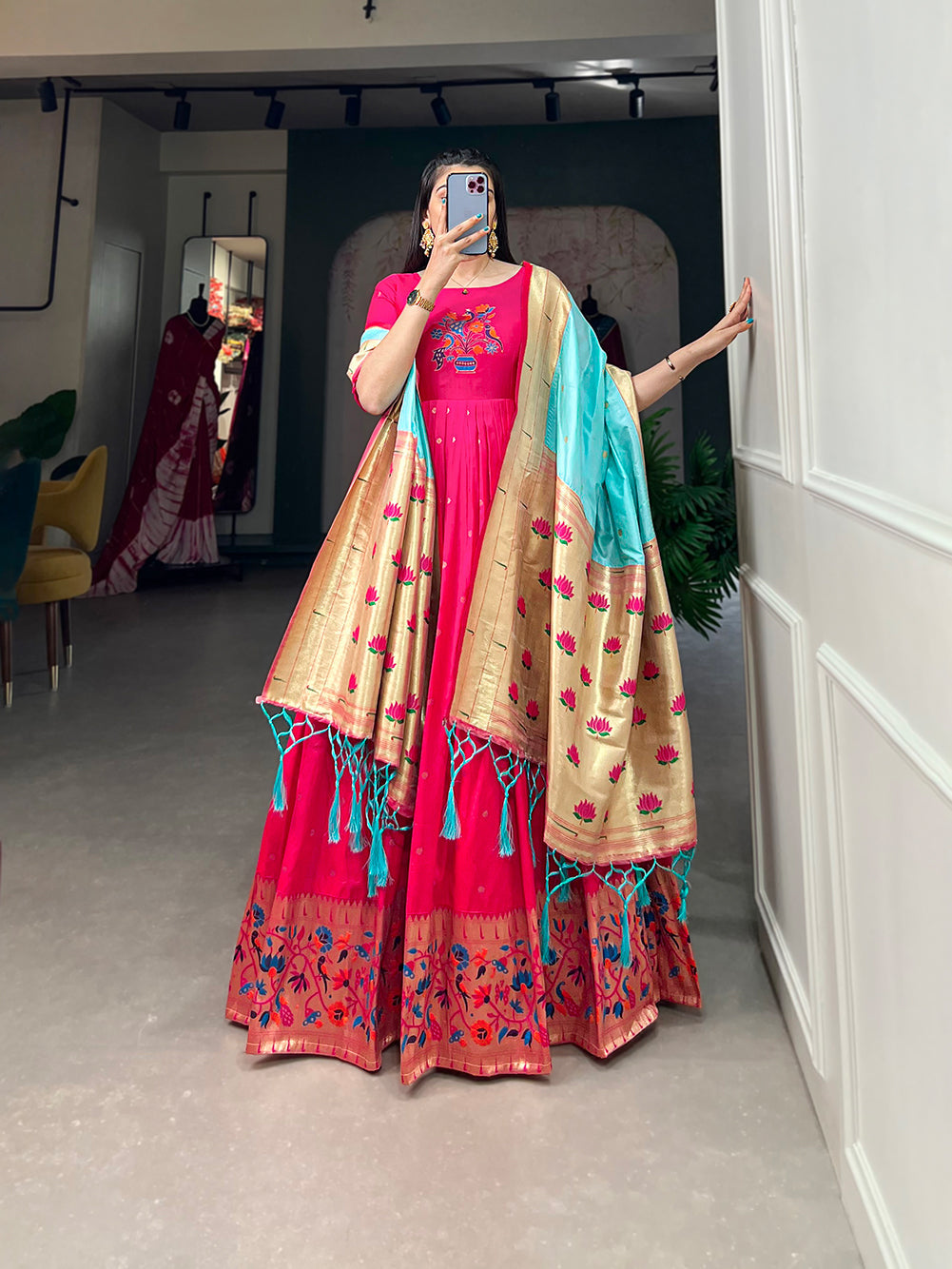 Lorenvalley Pink Jacquard Silk Paithani Woven Design Gown with Dupatta