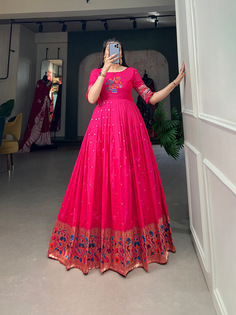 Lorenvalley Pink Jacquard Silk Paithani Woven Design Gown