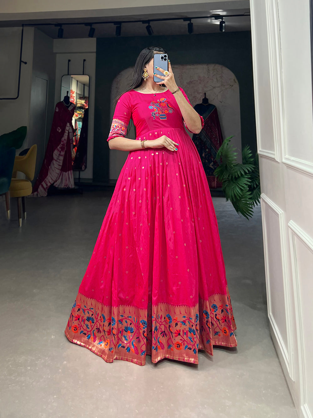 Lorenvalley Pink Jacquard Silk Paithani Woven Design Gown