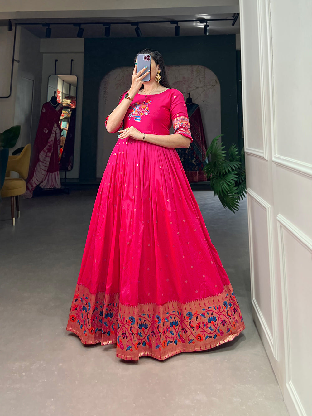 Lorenvalley Pink Jacquard Silk Paithani Woven Design Gown