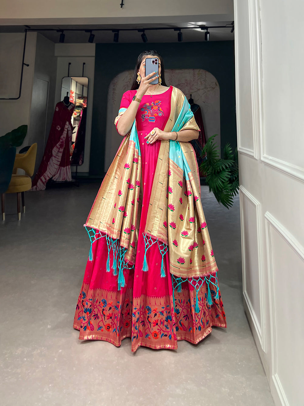 Lorenvalley Pink Jacquard Silk Paithani Woven Design Gown with Dupatta
