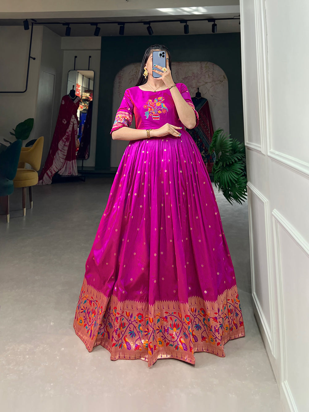 Lorenvalley Purple Jacquard Silk Paithani Woven Design Gown