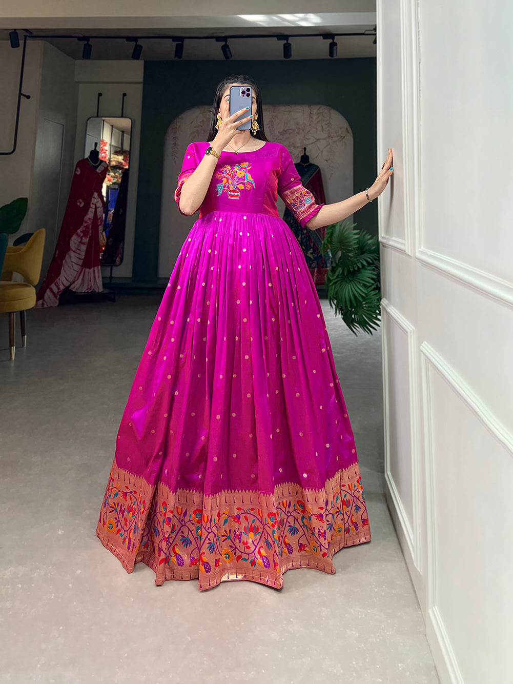 Lorenvalley Purple Jacquard Silk Paithani Woven Design Gown