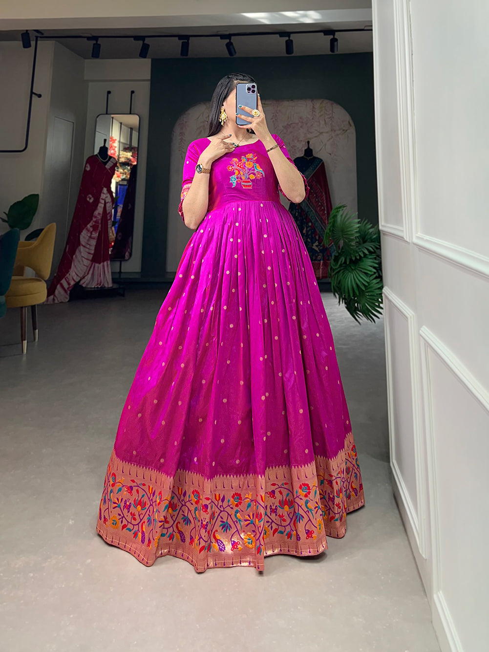 Lorenvalley Purple Jacquard Silk Paithani Woven Design Gown