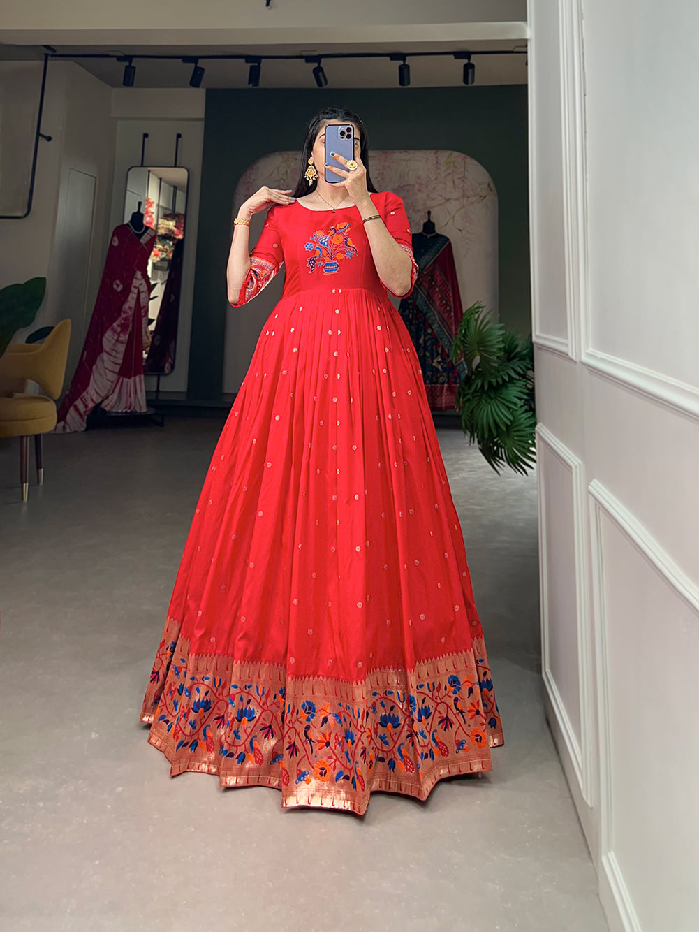 Lorenvalley Red Jacquard Silk Paithani Woven Design Gown
