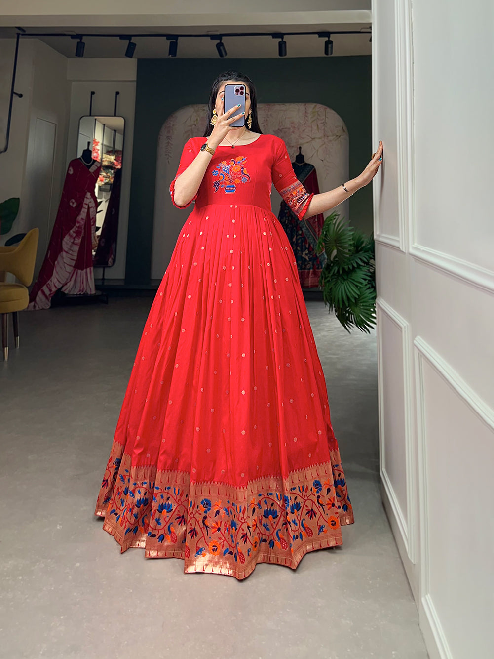 Lorenvalley Red Jacquard Silk Paithani Woven Design Gown