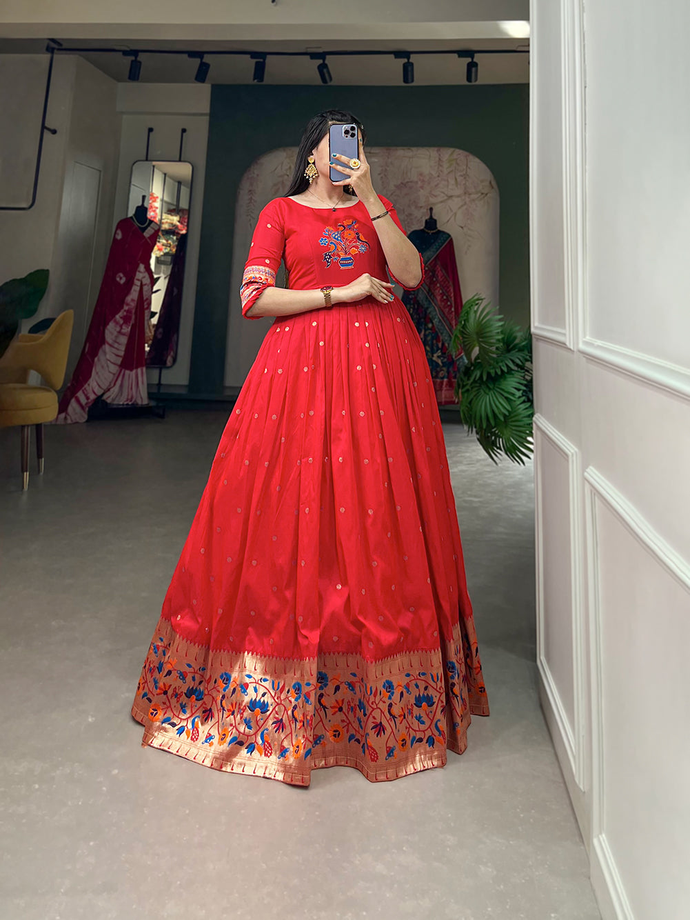 Lorenvalley Red Jacquard Silk Paithani Woven Design Gown
