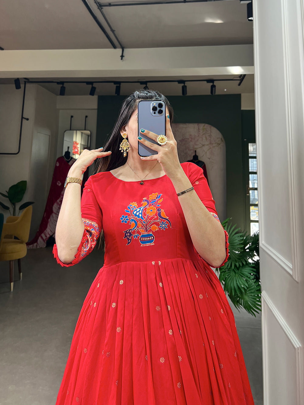 Lorenvalley Red Jacquard Silk Paithani Woven Design Gown