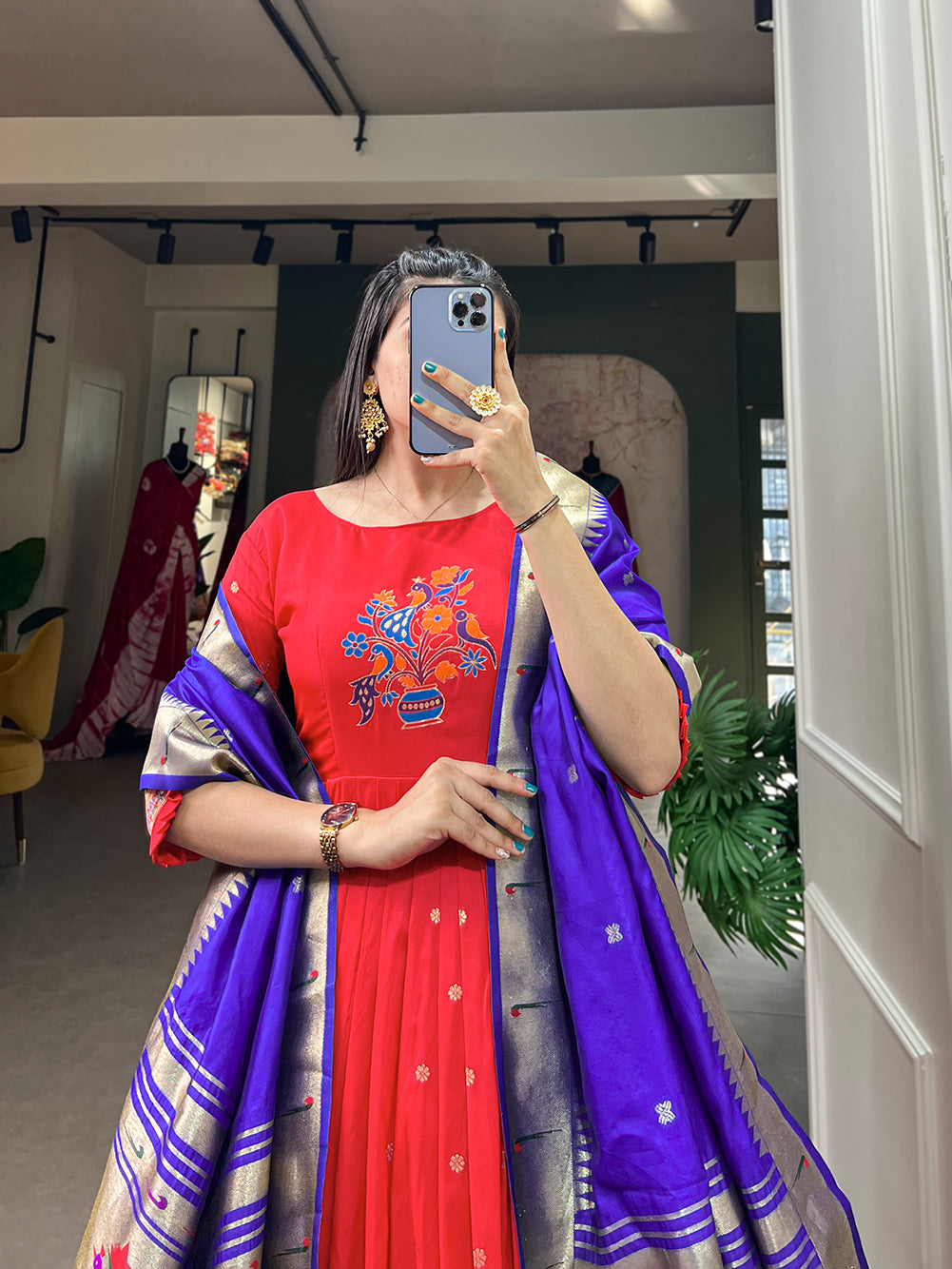 Lorenvalley Red Jacquard Silk Paithani Woven Design Gown with Dupatta