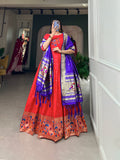 Lorenvalley Red Jacquard Silk Paithani Woven Design Gown with Dupatta