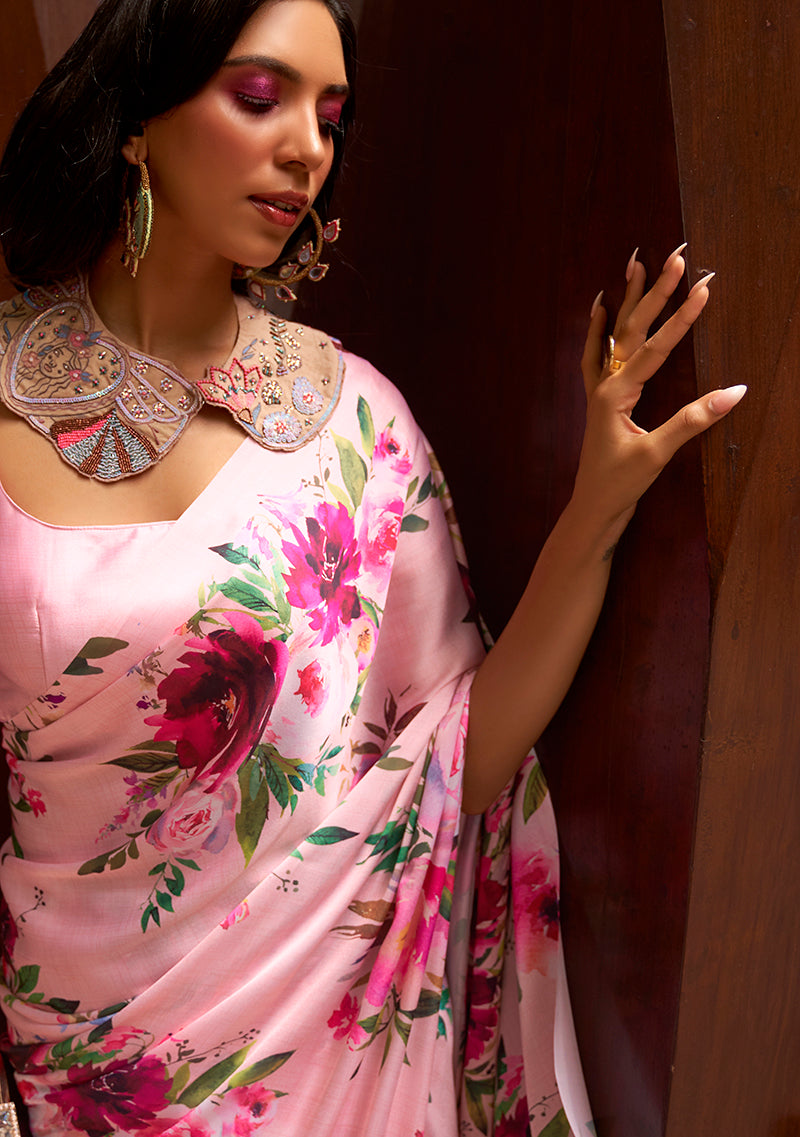 Monjolika Fashion Crepe Satin Digital Print Contemporary Saree In Light Pink Colour
