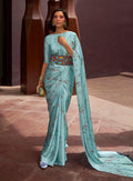 Monjolika Fashion Crepe Satin Digital Print Aqua Blue Trendy Saree