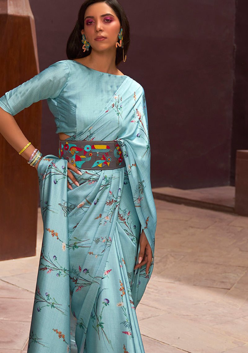 Monjolika Fashion Crepe Satin Digital Print Aqua Blue Trendy Saree