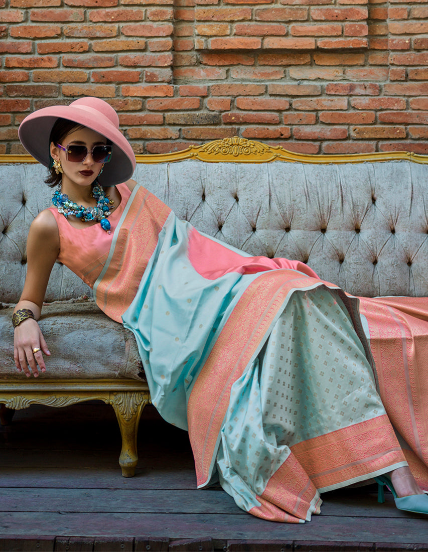 Monjolika Fashion Aqua Blue And Peach Handloom Weaving Silk Contemporary Saree