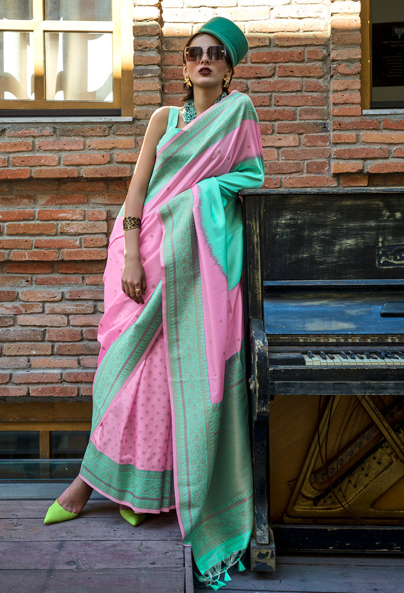 Monjolika Fashion Pink And Sea Green Weaving Silk Ceremonial Trendy Saree