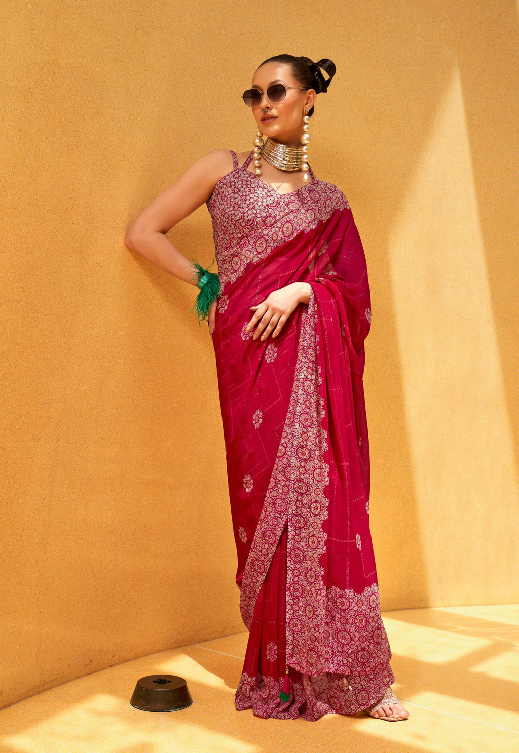 Monjolika Fashion Hot Pink Party Georgette Printed Contemporary Saree