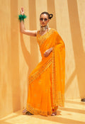 Monjolika Fashion Georgette Yellow Printed Trendy Saree
