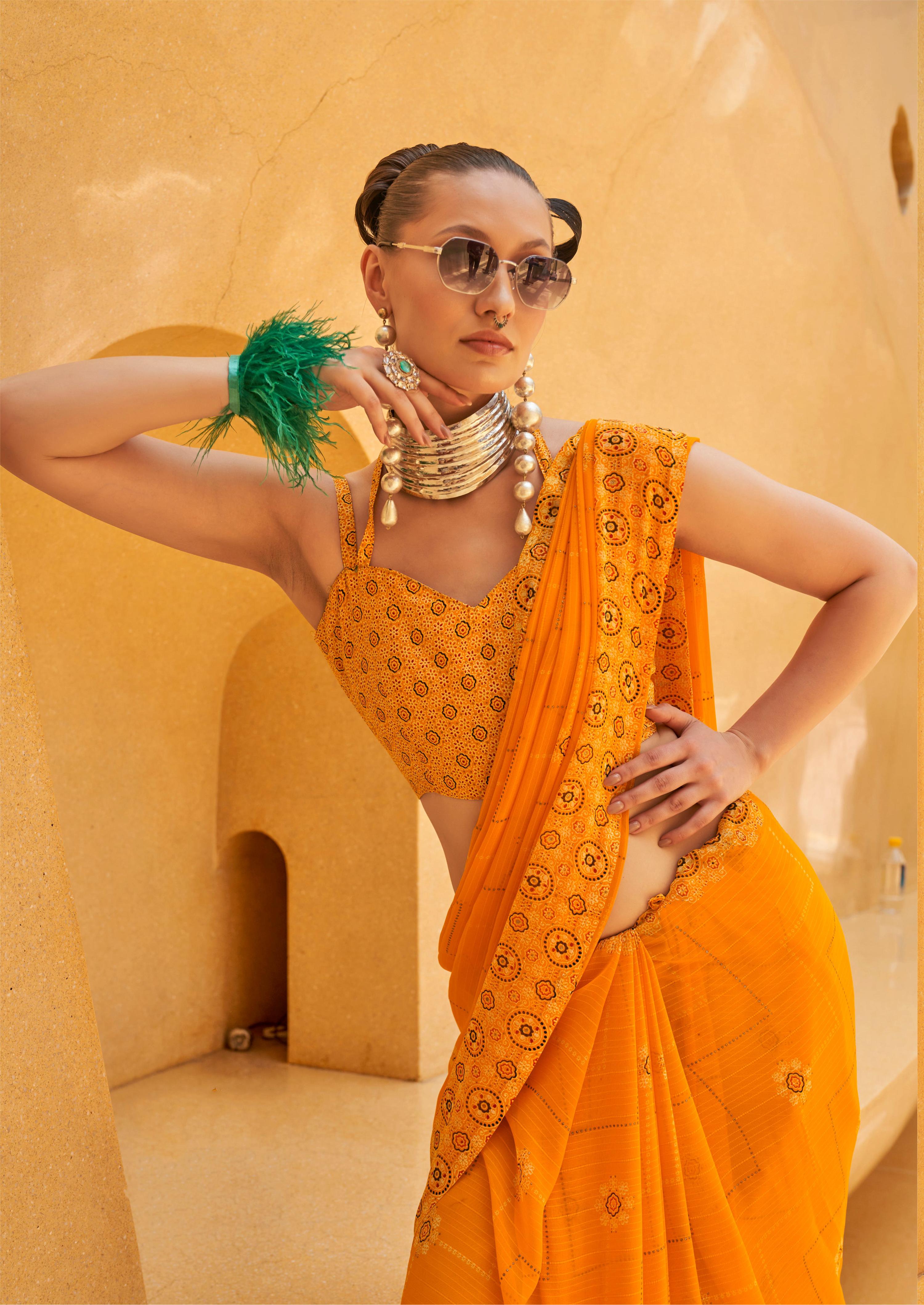 Monjolika Fashion Georgette Yellow Printed Trendy Saree