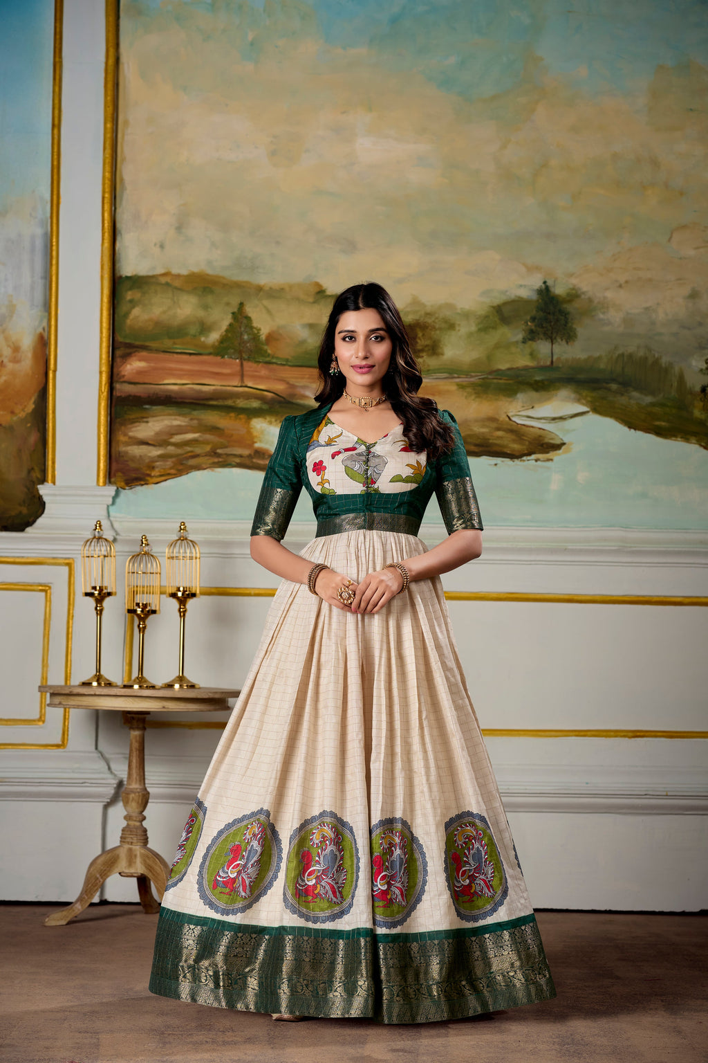 Lorenvalley Fashion Cream and Green Dola Silk Kalamkari Print With Zari Weaving Broder Gown with Koti