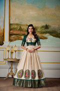 Lorenvalley Fashion Cream and Green Dola Silk Kalamkari Print With Zari Weaving Broder Gown with Koti