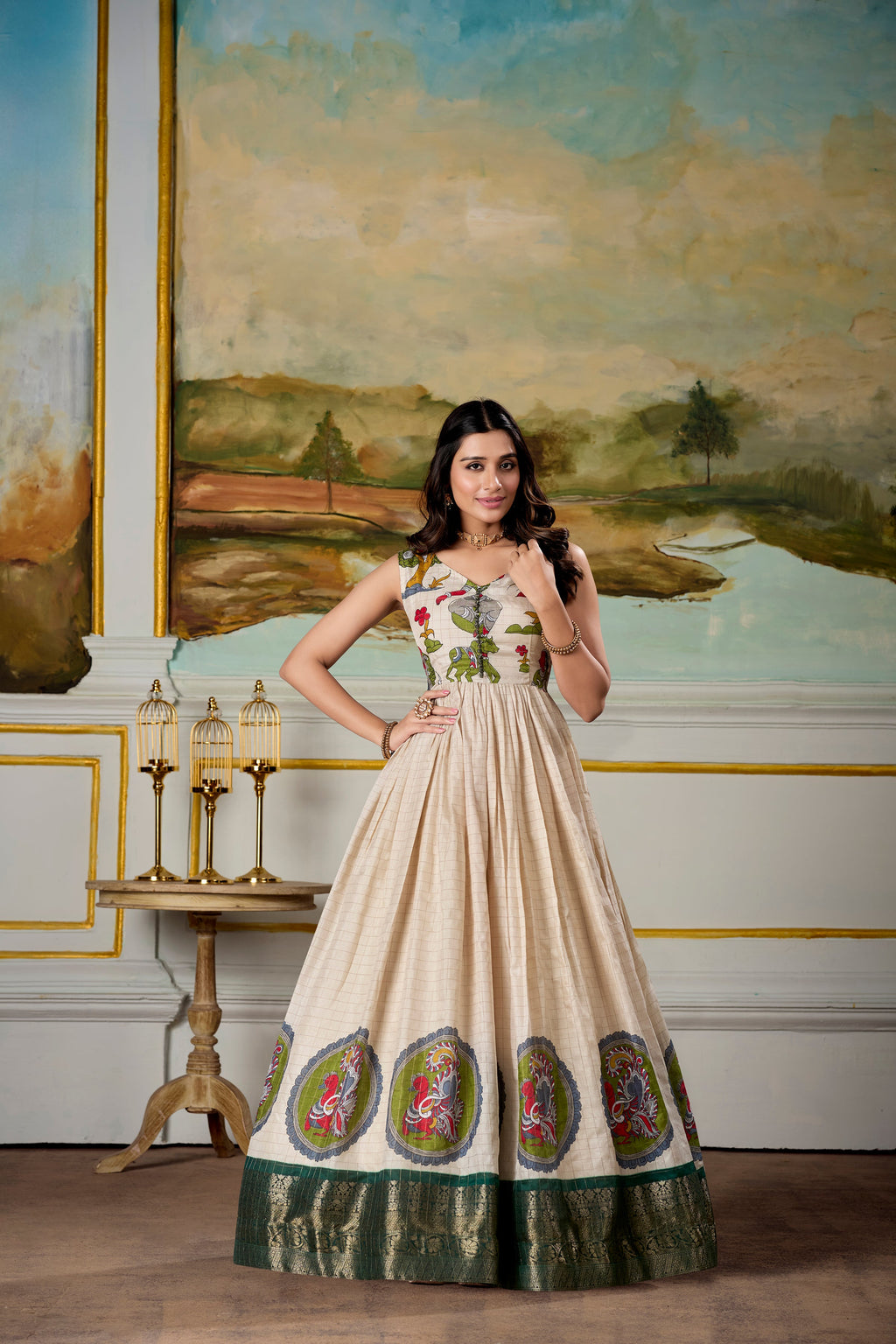 Lorenvalley Fashion Cream and Green Dola Silk Kalamkari Print With Zari Weaving Broder Gown with Koti