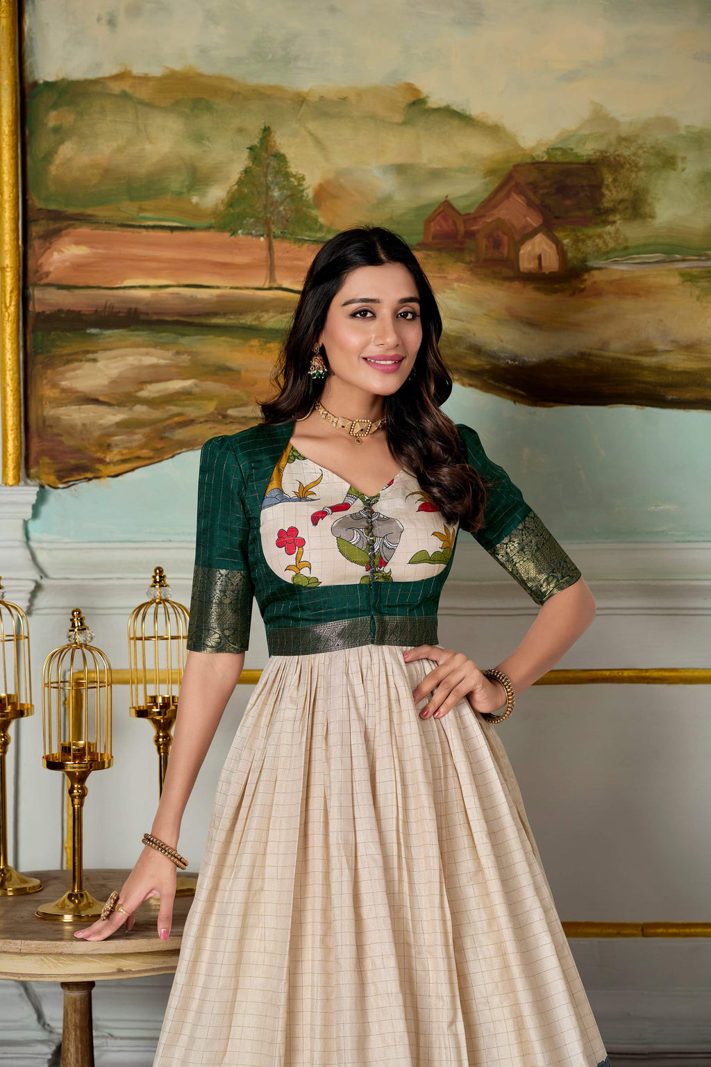 Lorenvalley Fashion Cream and Green Dola Silk Kalamkari Print With Zari Weaving Broder Gown with Koti