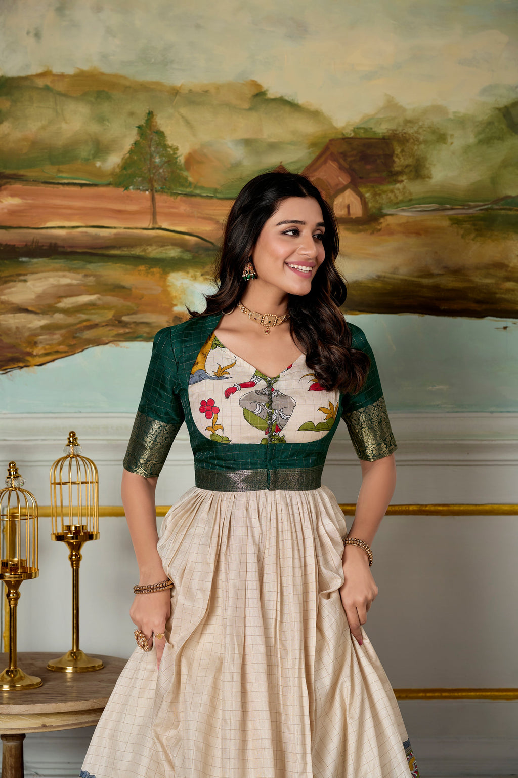 Lorenvalley Fashion Cream and Green Dola Silk Kalamkari Print With Zari Weaving Broder Gown with Koti
